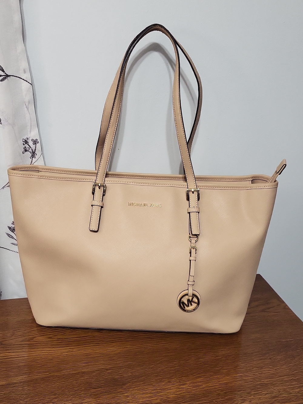 Michael Kors Nude Beige Leather Tote with MK Charm Jet Set Collection